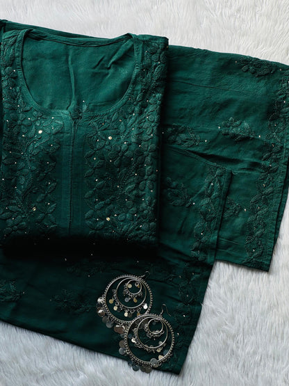 Green Rayon Cotton Lucknow Chikankari Kurti Palazzo Set with Mukaish Work