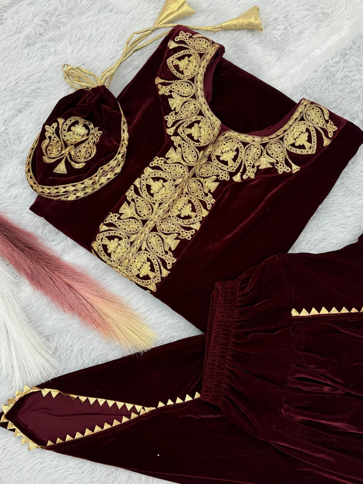 Deep Maroon Stunning Embroidery Work Pure Viscous Velvet Kaftan with Dhoti Set