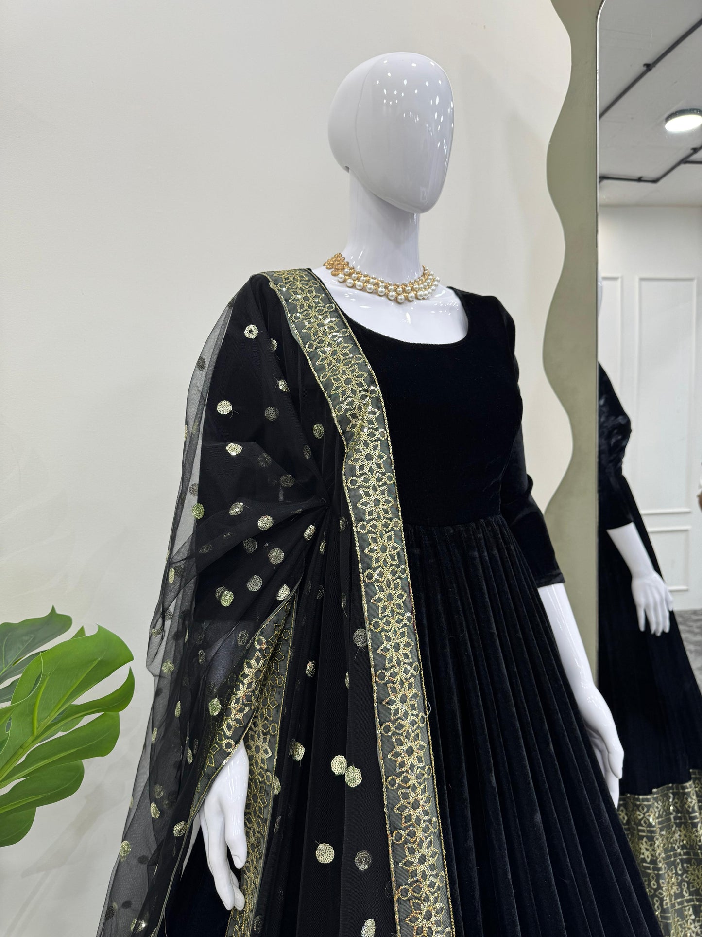 Elegant Black Velvet Gown with Dupatta Limited Stock