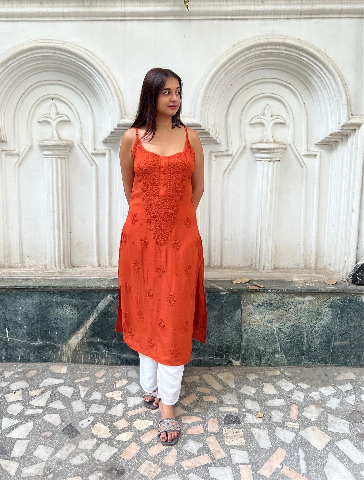 Burnt Orange Exclusive Lucknow Chikankari Pure Modal Kurti, Palazzo & Dupatta Set