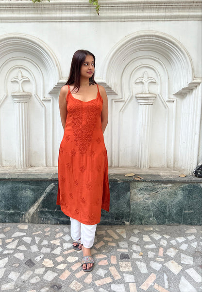 Burnt Orange Exclusive Lucknow Chikankari Pure Modal Kurti, Palazzo & Dupatta Set