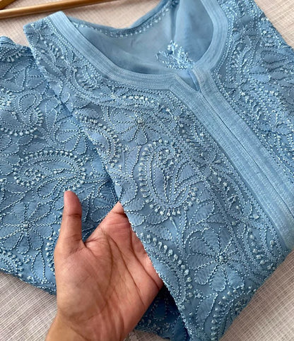 Light Blue Elegant Viscose Lucknow Chikankari Handwork Ensemble (New)