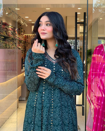 Dark Teal Muslin Embroidered Kurti with Chiffon Dupatta