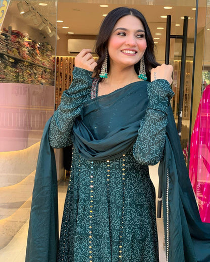 Dark Teal Muslin Embroidered Kurti with Chiffon Dupatta