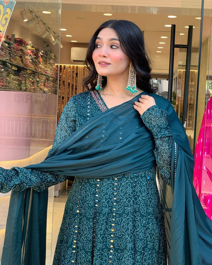 Dark Teal Muslin Embroidered Kurti with Chiffon Dupatta