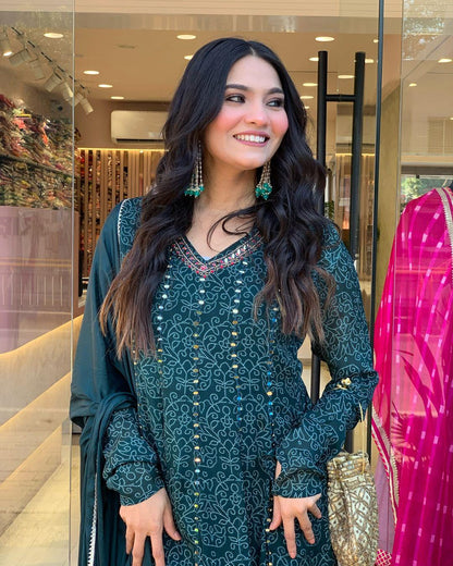 Dark Teal Muslin Embroidered Kurti with Chiffon Dupatta