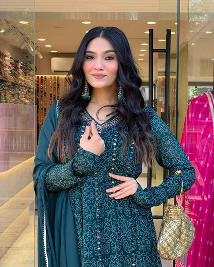 Dark Teal Muslin Embroidered Kurti with Chiffon Dupatta