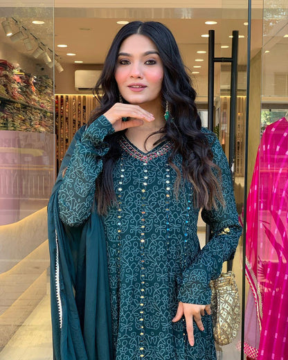 Dark Teal Muslin Embroidered Kurti with Chiffon Dupatta