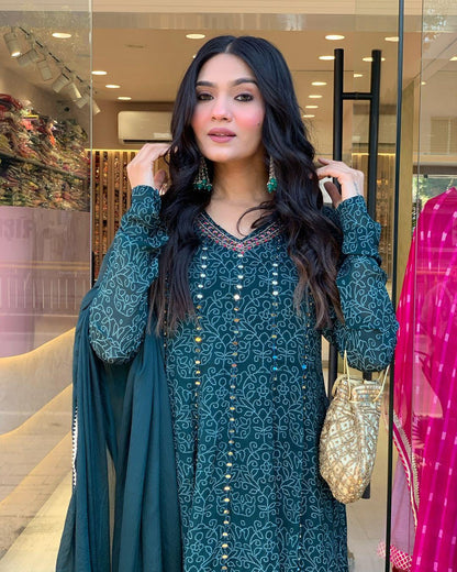 Dark Teal Muslin Embroidered Kurti with Chiffon Dupatta