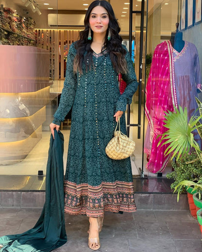 Dark Teal Muslin Embroidered Kurti with Chiffon Dupatta
