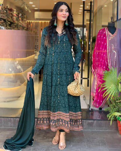 Dark Teal Muslin Embroidered Kurti with Chiffon Dupatta