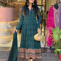 Dark Teal Muslin Embroidered Kurti with Chiffon Dupatta