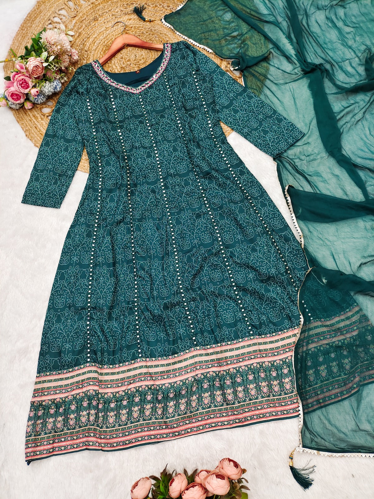 Dark Teal Muslin Embroidered Kurti with Chiffon Dupatta
