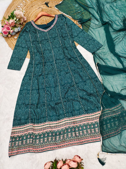 Dark Teal Muslin Embroidered Kurti with Chiffon Dupatta