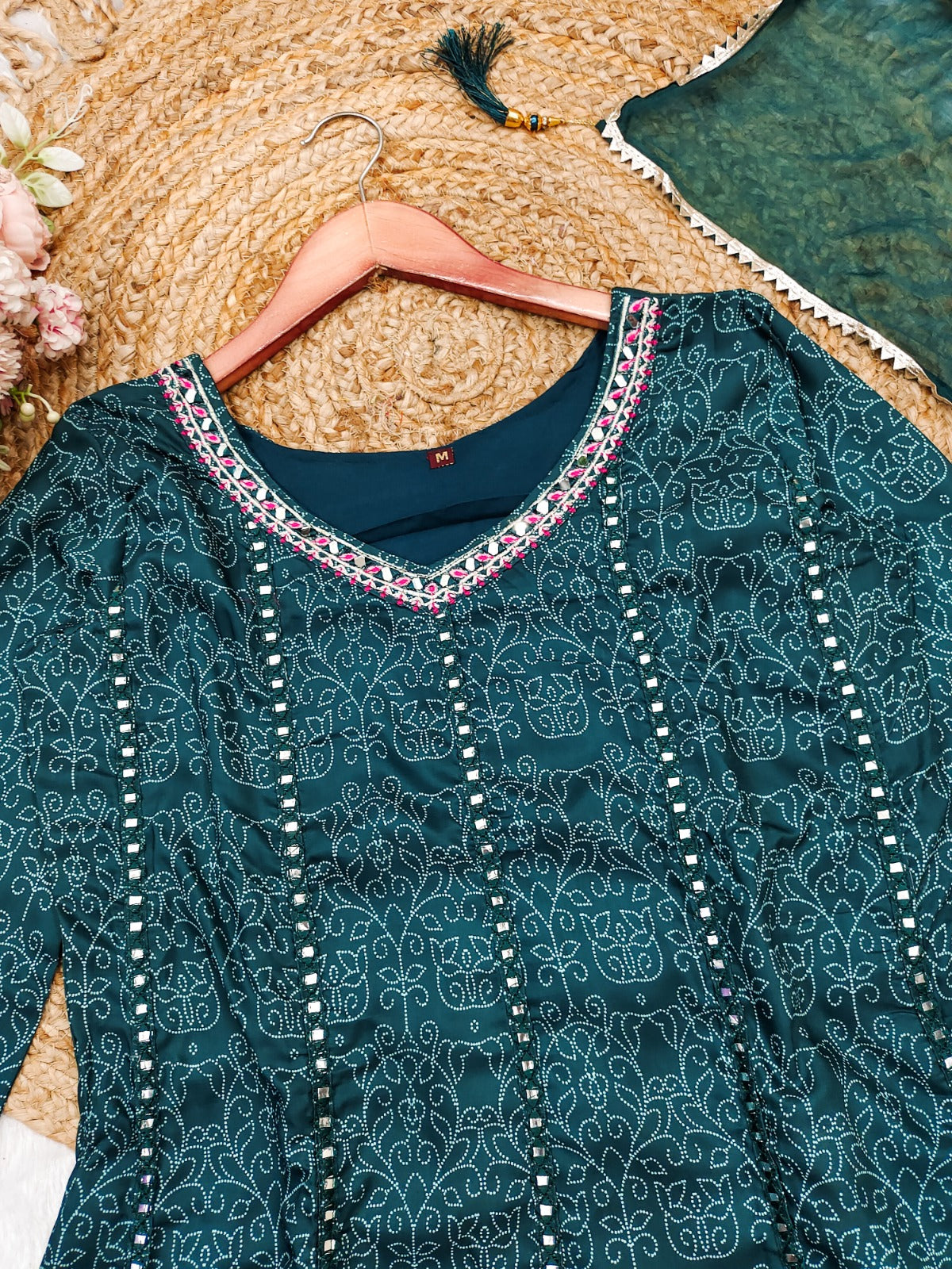 Dark Teal Muslin Embroidered Kurti with Chiffon Dupatta