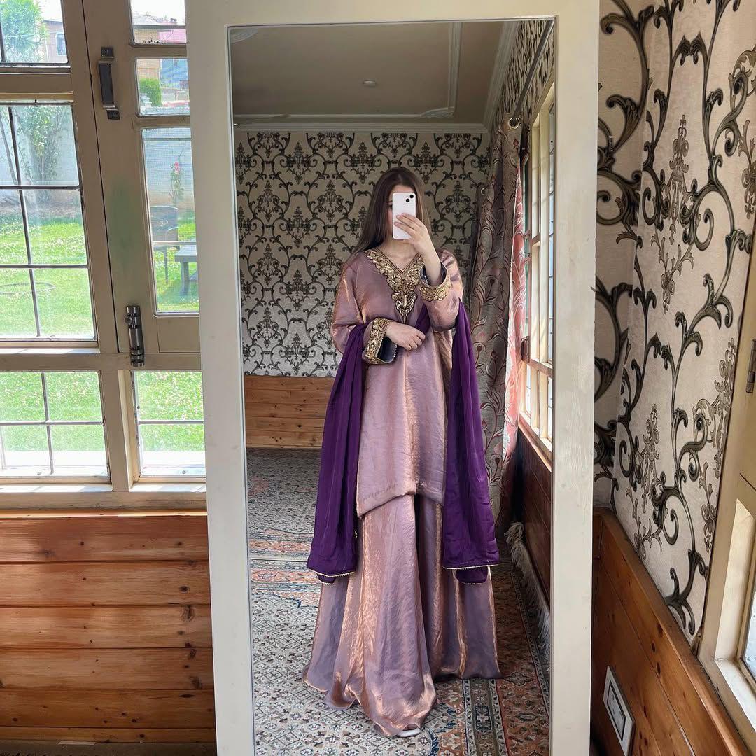 Dusty Pink Wide Flair Salwar Kameez Dupatta Designer Set