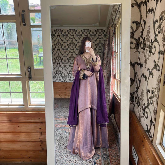 Dusty Pink Wide Flair Salwar Kameez Dupatta Designer Set