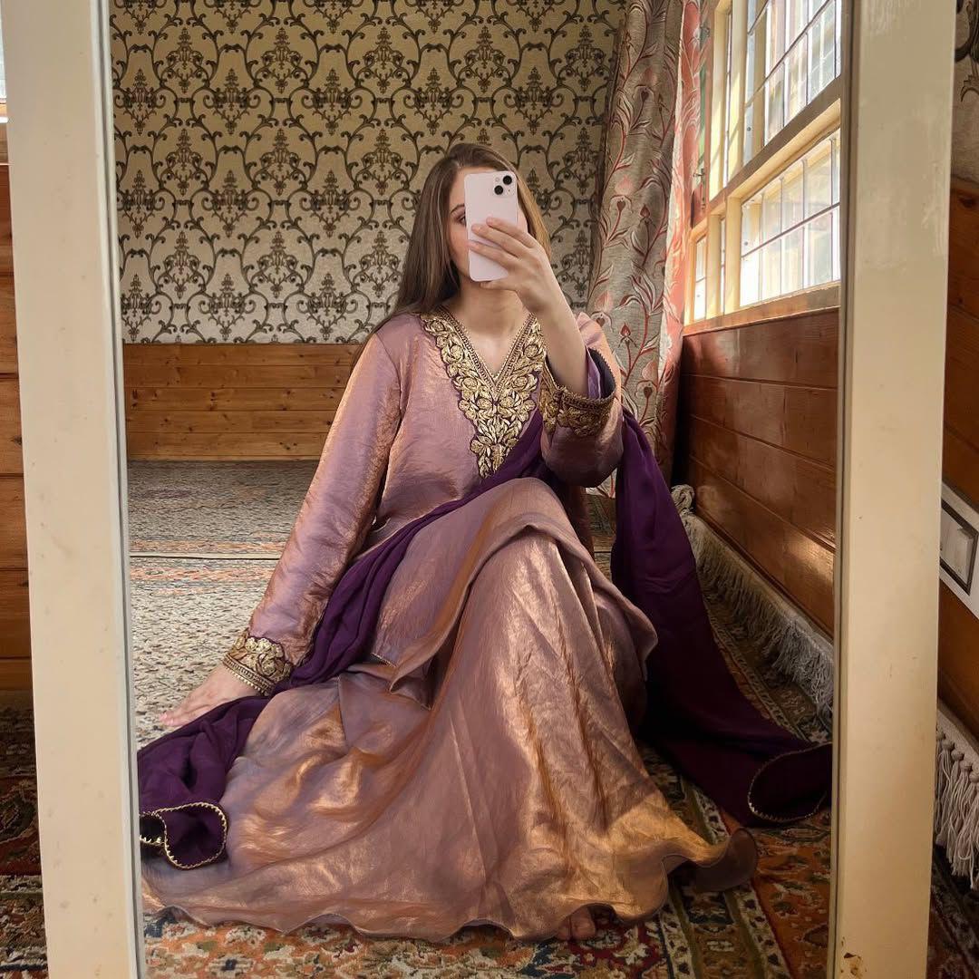 Dusty Pink Wide Flair Salwar Kameez Dupatta Designer Set