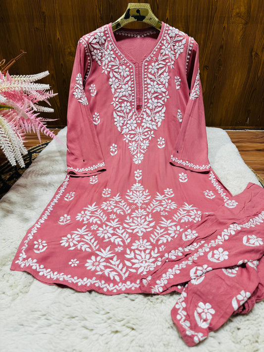 Peach Lucknow Chikankari Rayon Dhoti Kurti Set