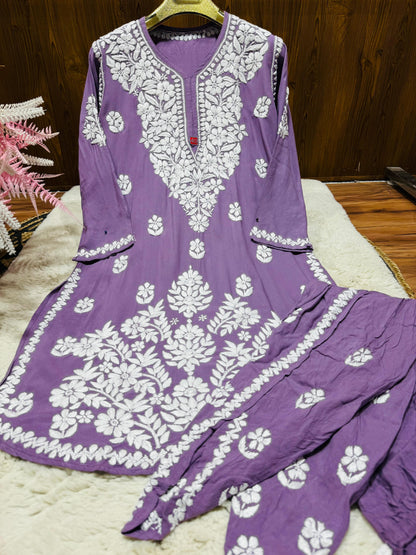 Purple Lucknow Chikankari Rayon Dhoti Kurti Set