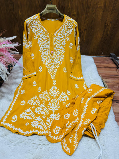 Yellow Lucknow Chikankari Rayon Dhoti Kurti Set