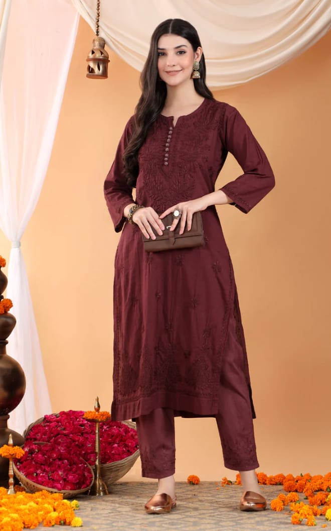 Maroon Lucknow Chikankari Dobby Cotton Kurti Pant Set