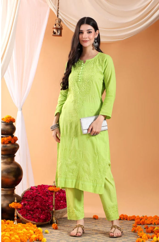 Flourescent Green Lucknow Chikankari Dobby Cotton Kurti Pant Set