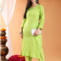 Flourescent Green Lucknow Chikankari Dobby Cotton Kurti Pant Set