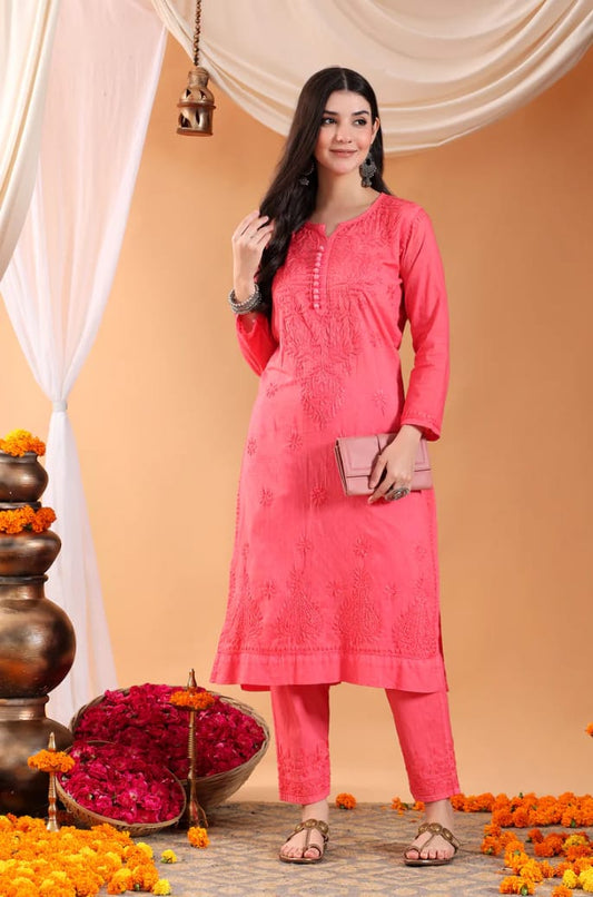 Peach Lucknow Chikankari Dobby Cotton Kurti Pant Set