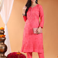 Peach Lucknow Chikankari Dobby Cotton Kurti Pant Set