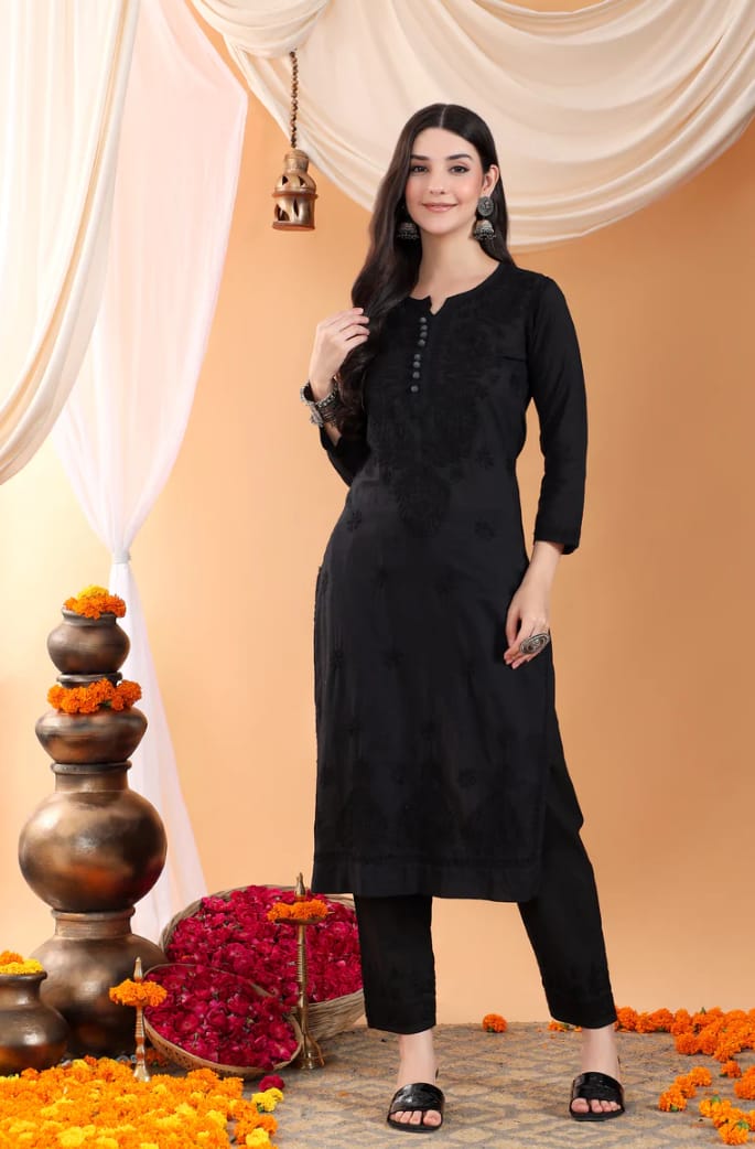 Black Lucknow Chikankari Dobby Cotton Kurti Pant Set
