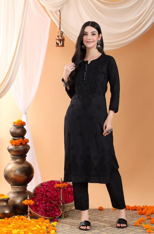 Black Lucknow Chikankari Dobby Cotton Kurti Pant Set