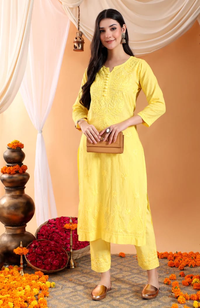 Yellow Lucknow Chikankari Dobby Cotton Kurti Pant Set