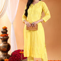Yellow Lucknow Chikankari Dobby Cotton Kurti Pant Set