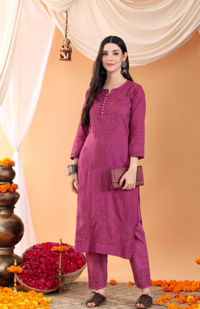 Dusty Pink Lucknow Chikankari Dobby Cotton Kurti Pant Set