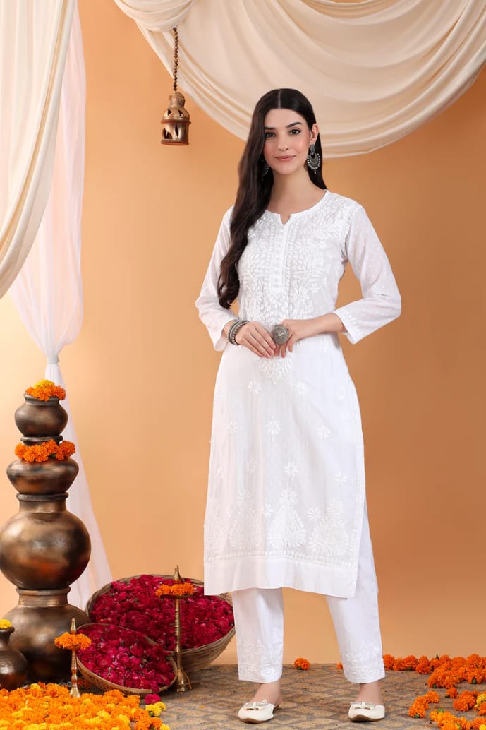 White Lucknow Chikankari Dobby Cotton Kurti Pant Set
