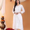 White Lucknow Chikankari Dobby Cotton Kurti Pant Set