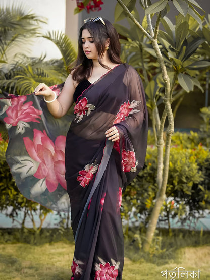 Soft Pure Black Floral Georgette Handwork Saree