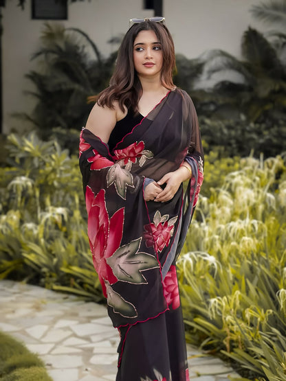 Soft Pure Black Floral Georgette Handwork Saree