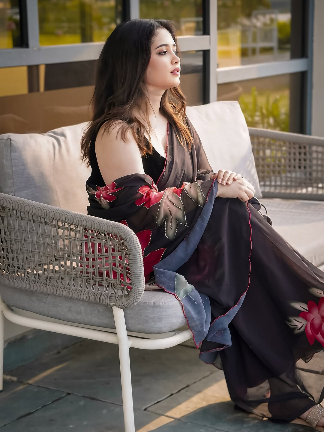 Soft Pure Black Floral Georgette Handwork Saree