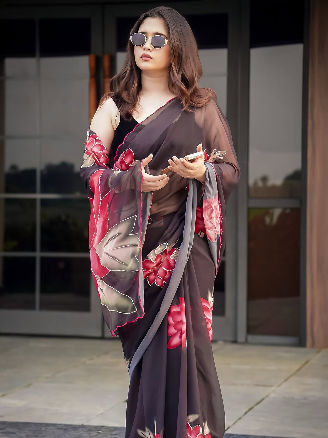 Soft Pure Black Floral Georgette Handwork Saree