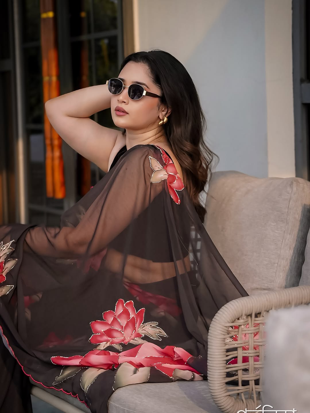 Soft Pure Black Floral Georgette Handwork Saree