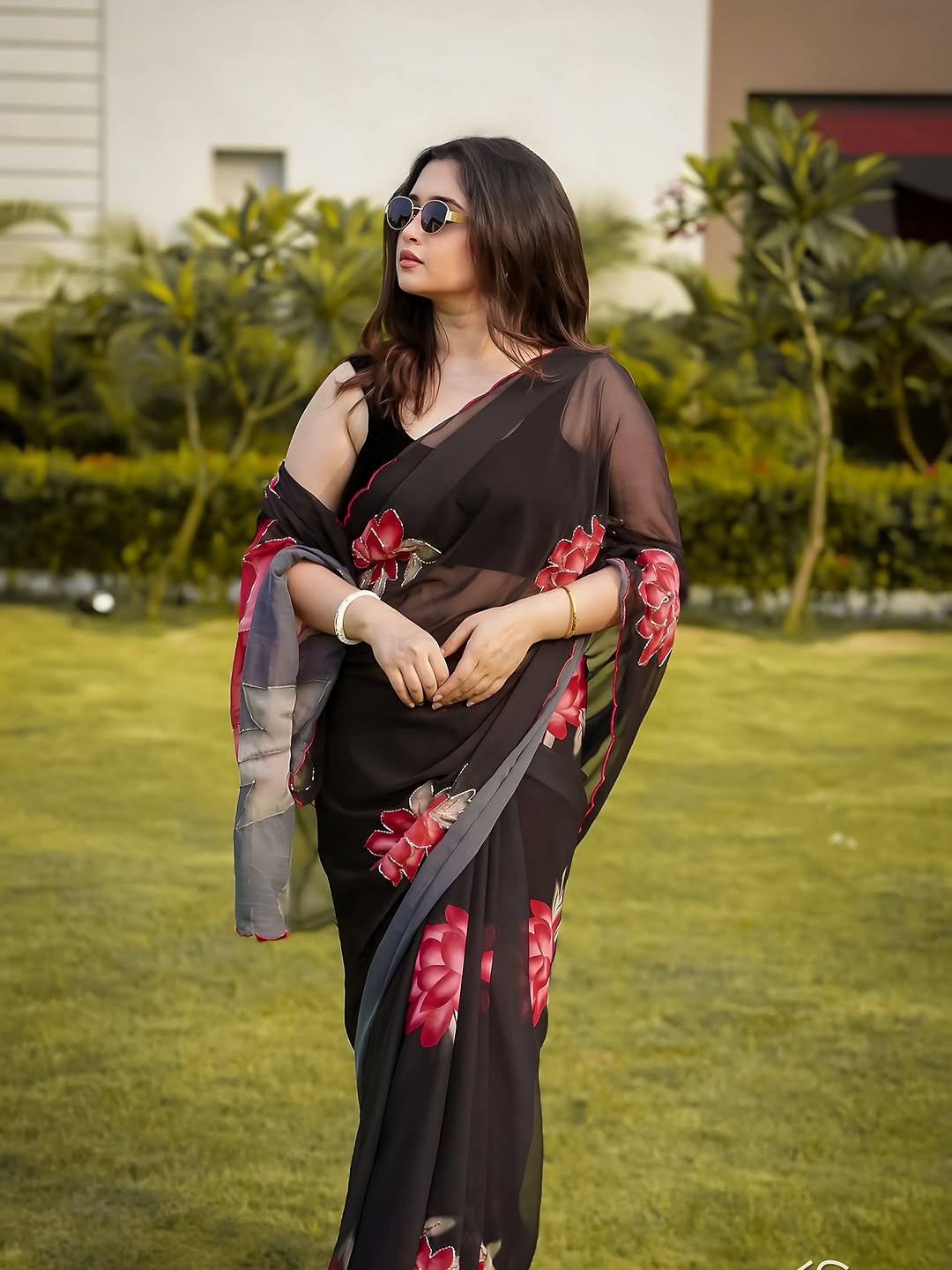 Soft Pure Black Floral Georgette Handwork Saree