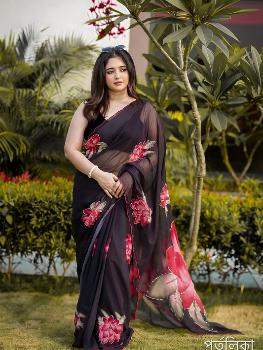 Soft Pure Black Floral Georgette Handwork Saree