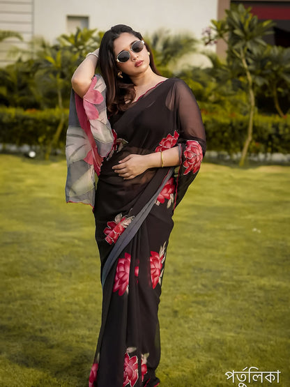 Soft Pure Black Floral Georgette Handwork Saree