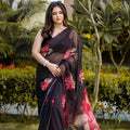 Soft Pure Black Floral Georgette Handwork Saree