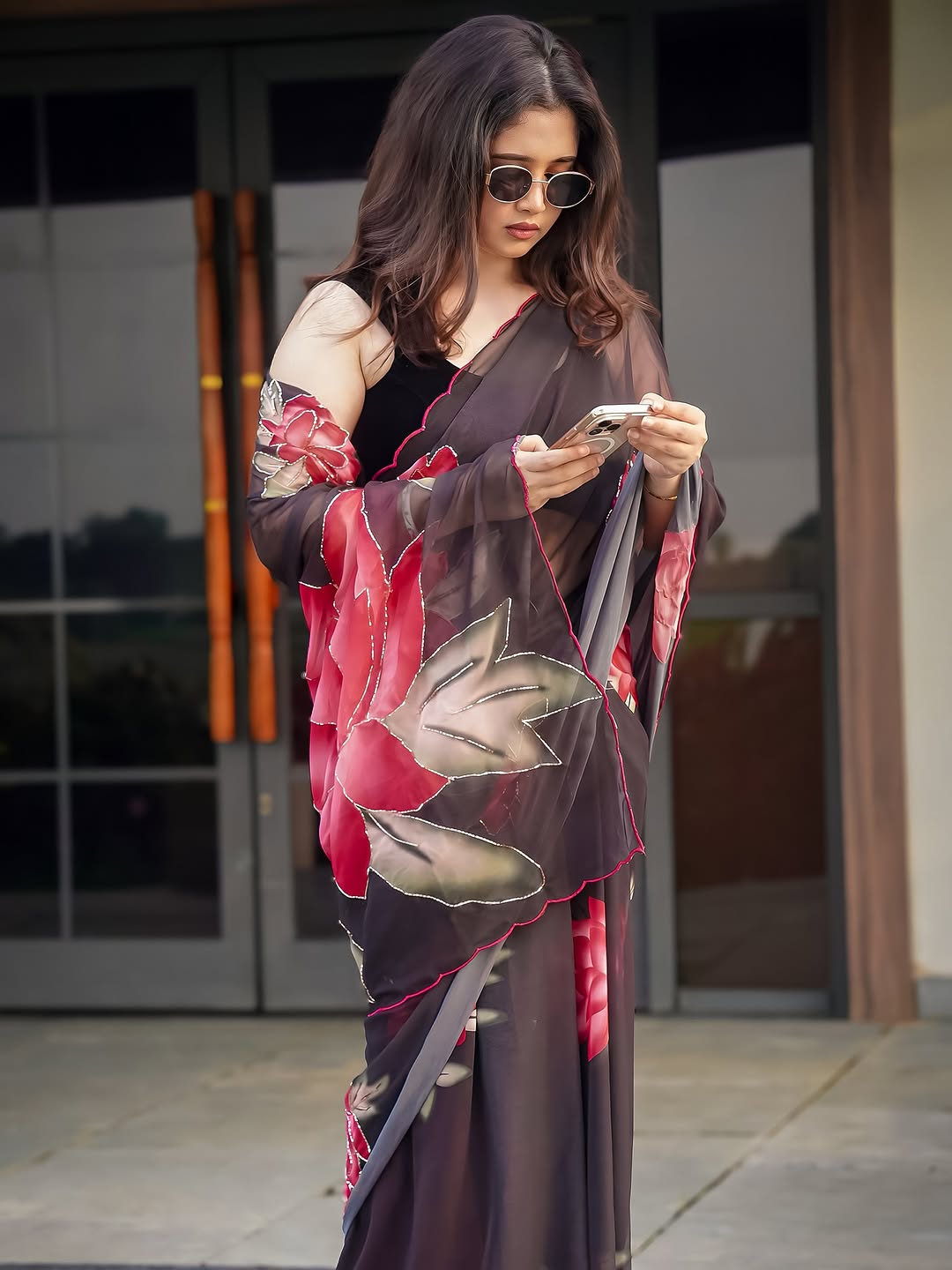 Soft Pure Black Floral Georgette Handwork Saree