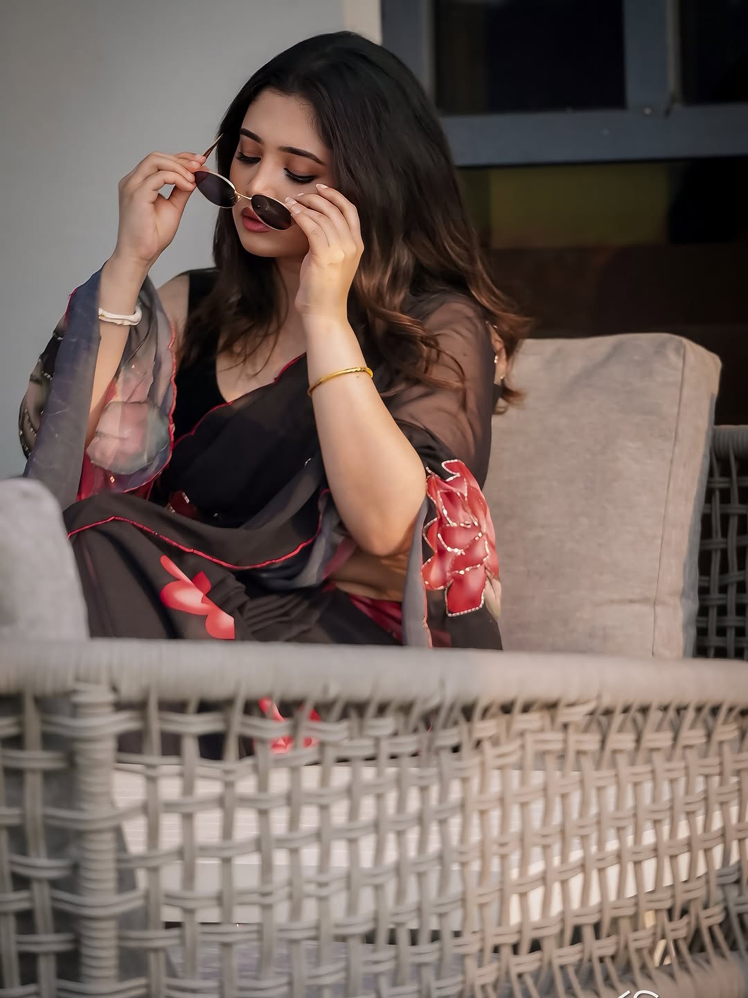 Soft Pure Black Floral Georgette Handwork Saree