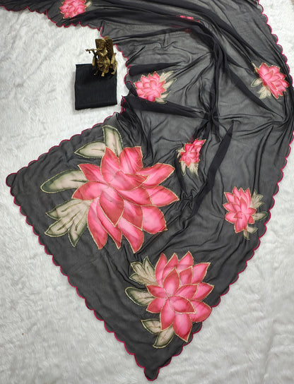 Soft Pure Black Floral Georgette Handwork Saree