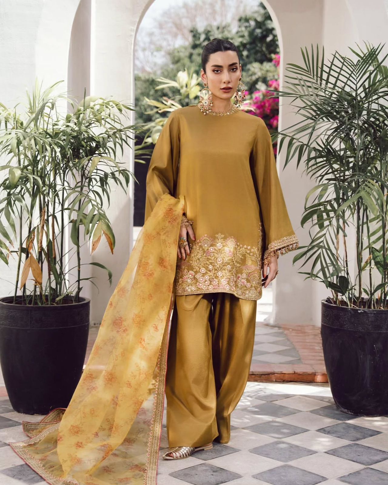 Mustard Olive Designer French Crepe Silk Farshi Salwar Suit Set